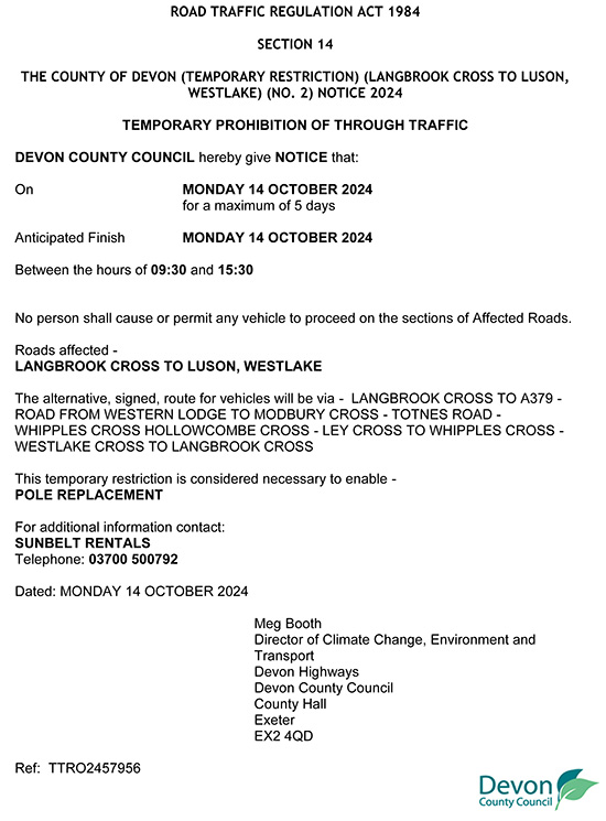 Temporary Traffic Notice - LANGBROOK CROSS TO LUSON, Ermington (TTRO2457956)